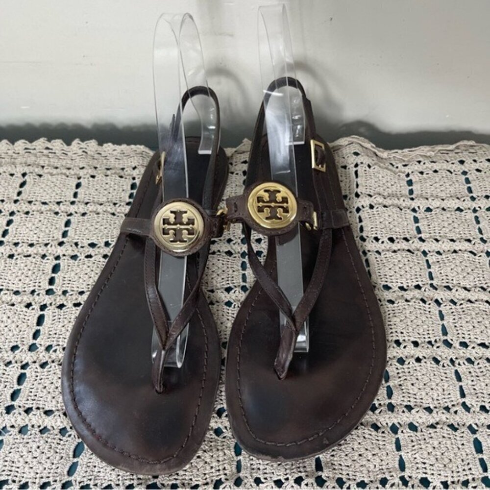 Tory Burch Ali-Anteka Leather Brown coconut Sandals 8.5 Gold hardware slingback